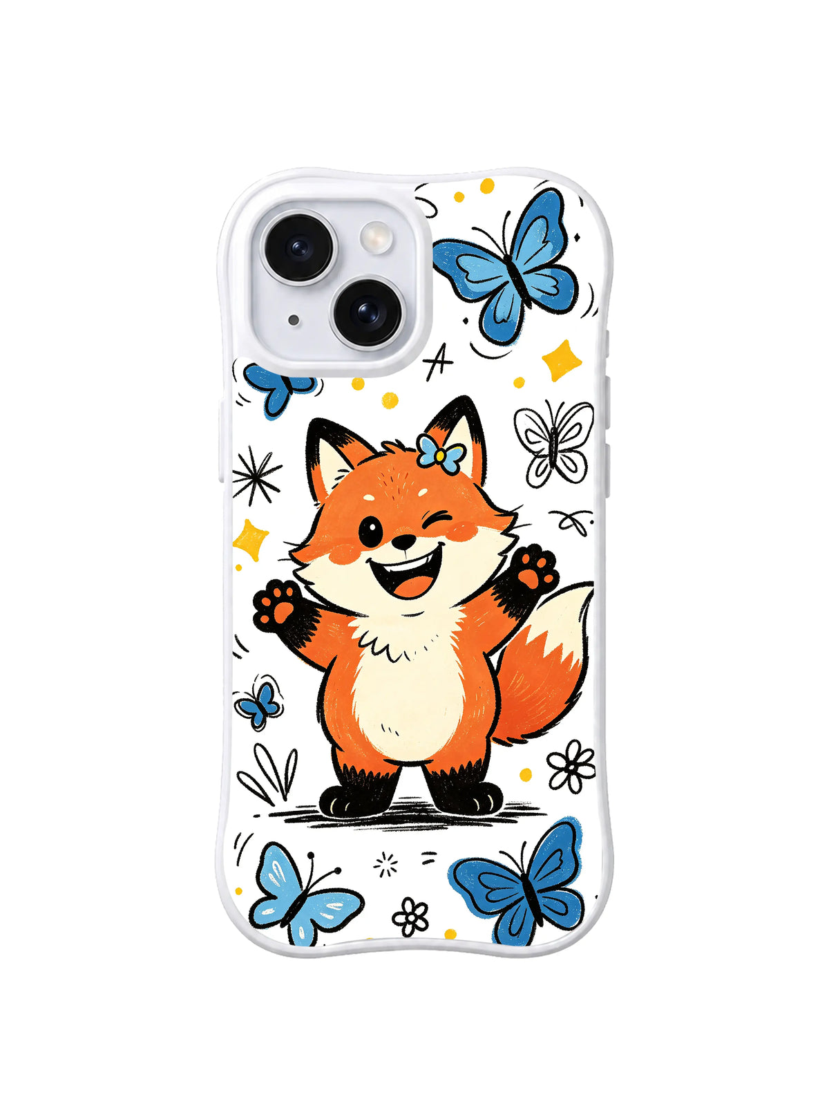 Butterfly Wink Fox iPhone 13 case with winking orange fox and blue butterflies