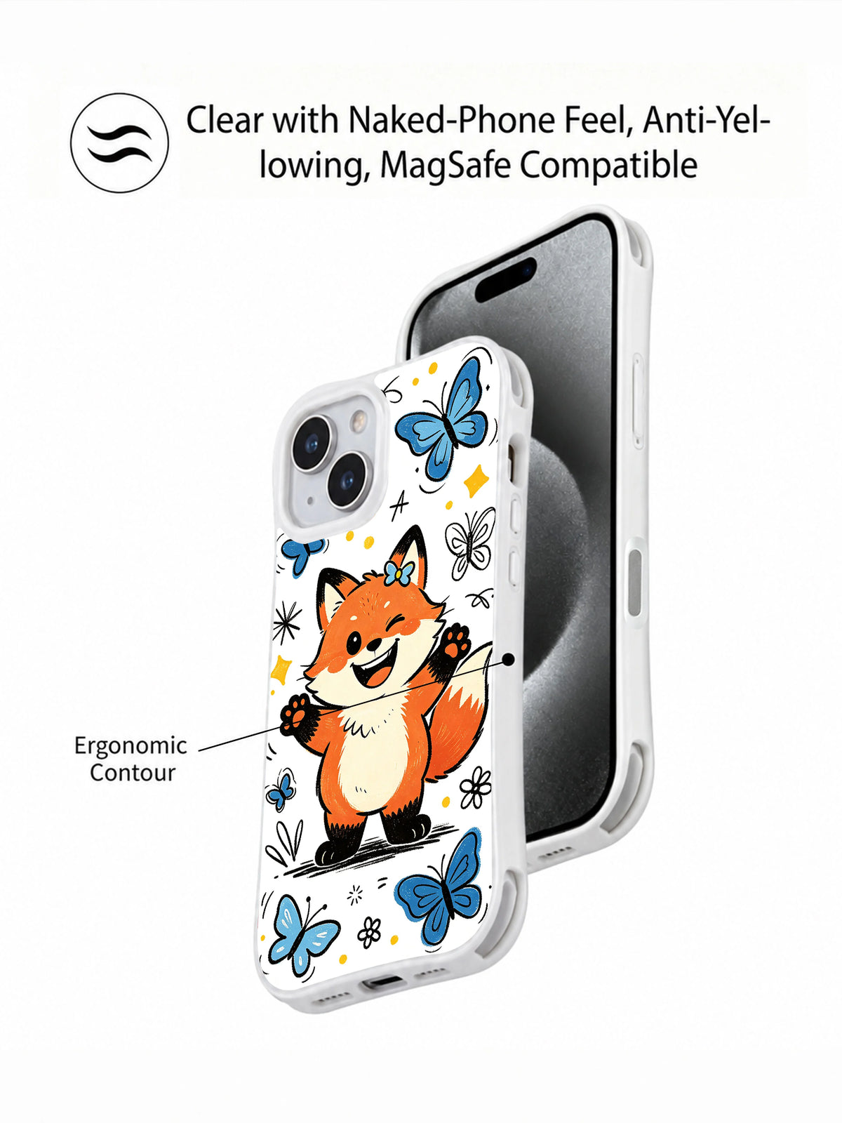 Butterfly Wink Fox iPhone 13 case shown with clear contour and camera opening details
