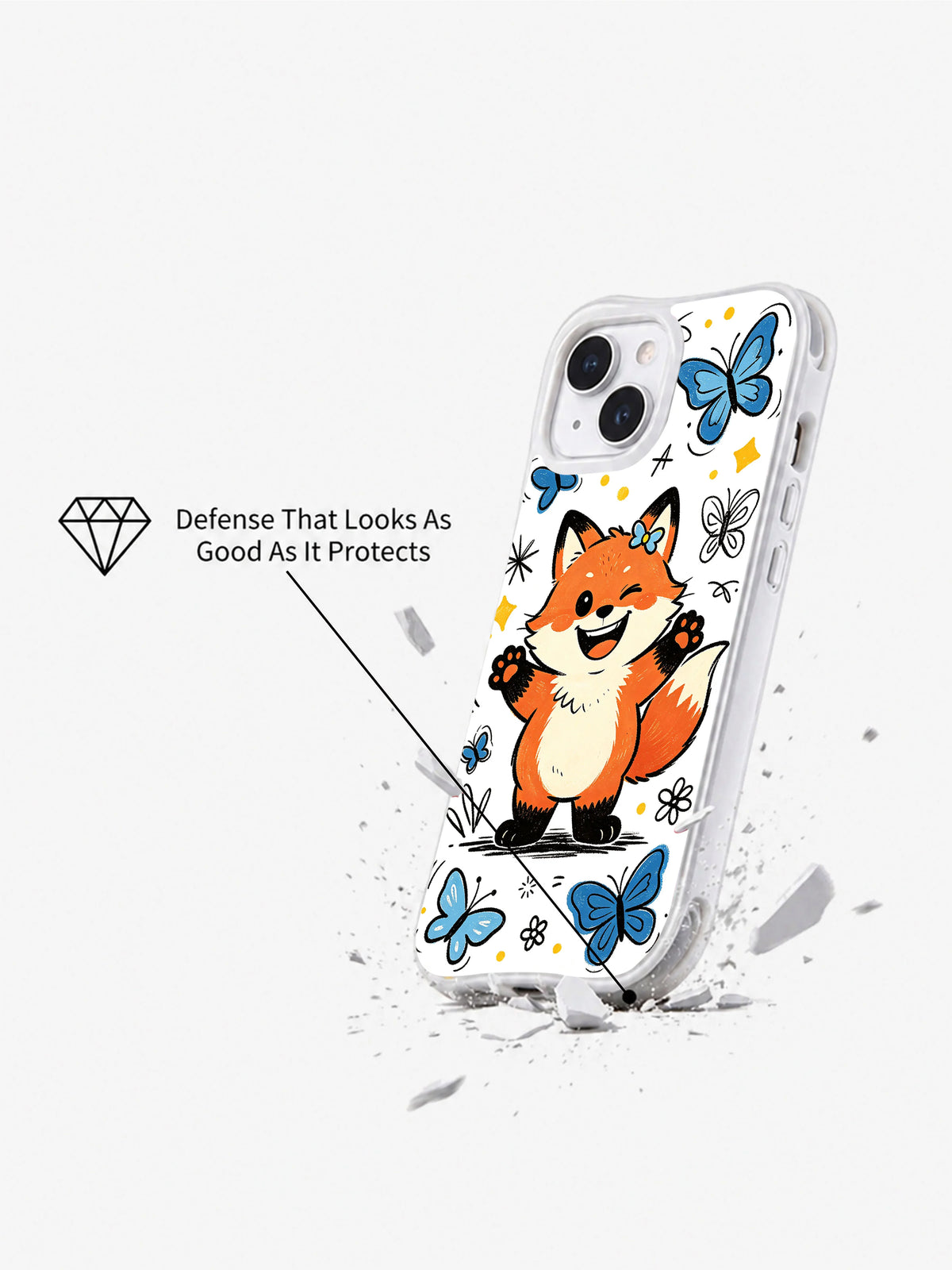 Butterfly Wink Fox iPhone 13 case shown in an impact-style product display
