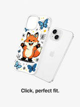 Butterfly Wink Fox case shown beside an iPhone 13 in a fit demonstration