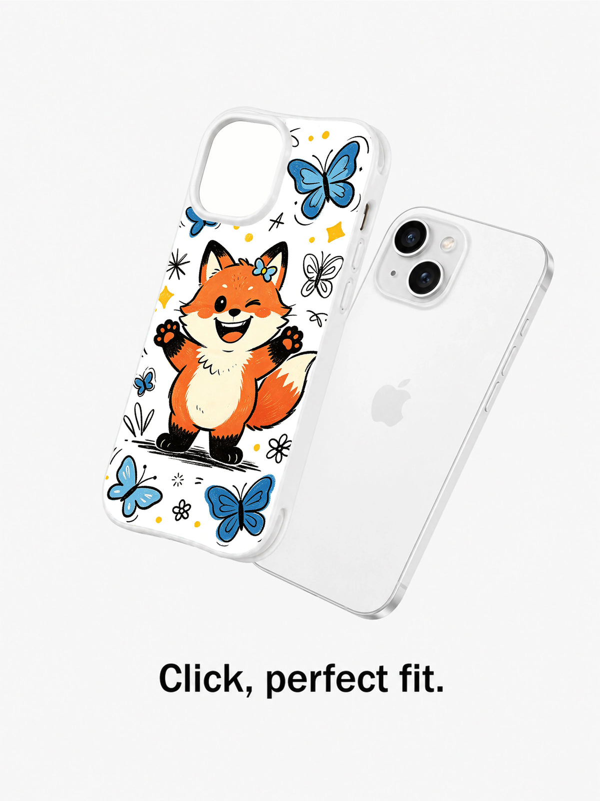 Butterfly Wink Fox case shown beside an iPhone 13 in a fit demonstration