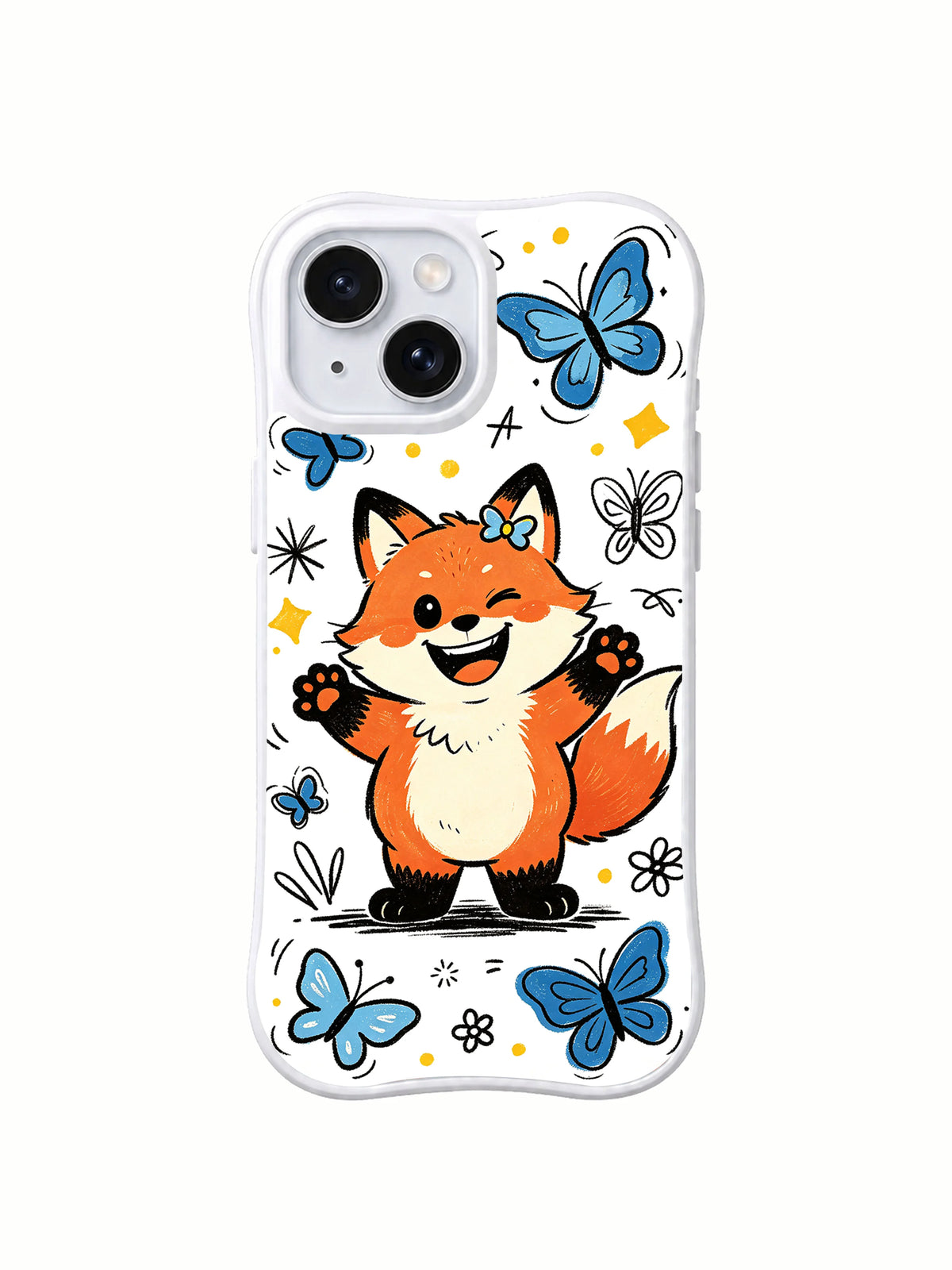 Front view of Butterfly Wink Fox artwork on an iPhone 13 case
