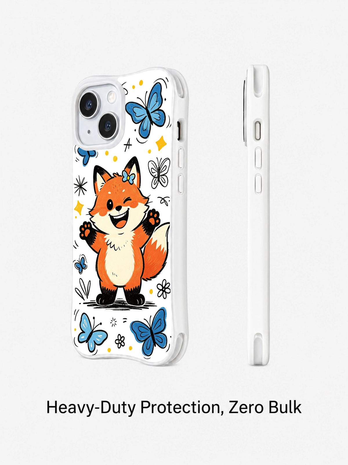 Angled and side profile views of Butterfly Wink Fox iPhone 13 case