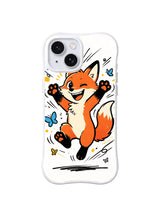 Butterfly Wink Fox iPhone 13 case with jumping winking fox and blue butterfly doodles