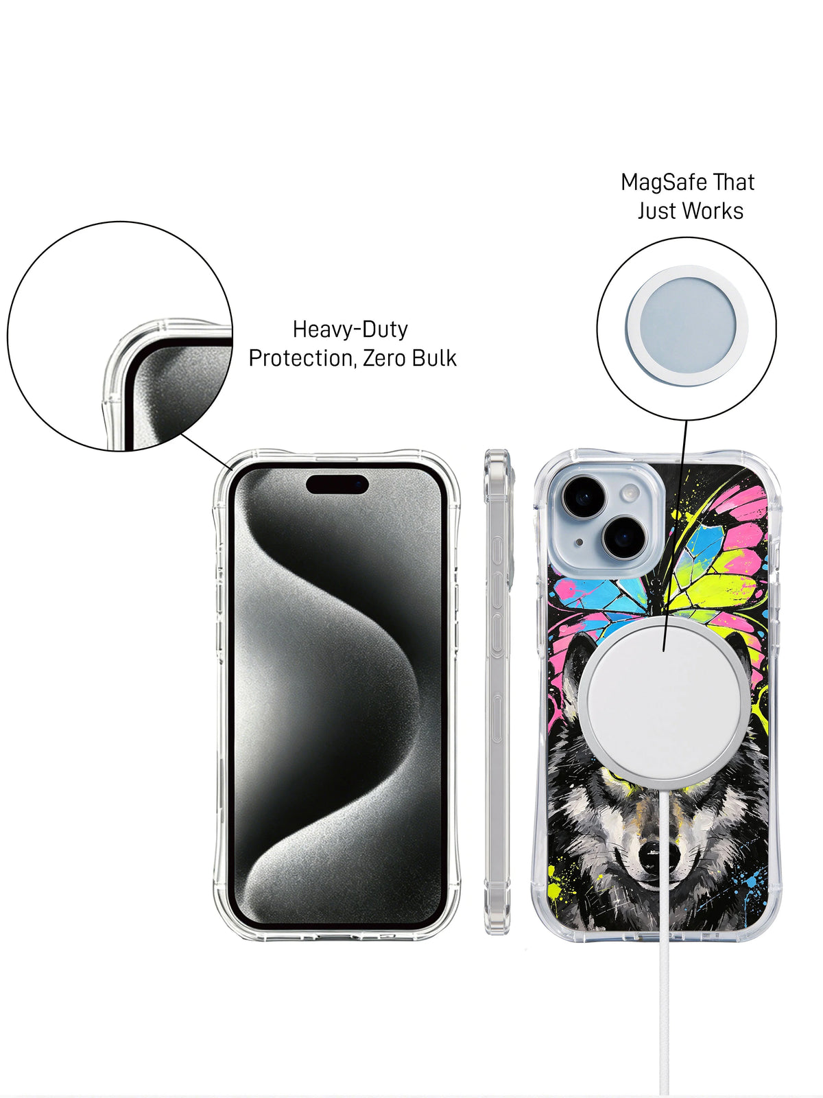 Rear view of butterfly wolf iPhone 15 Plus case with charging accessory