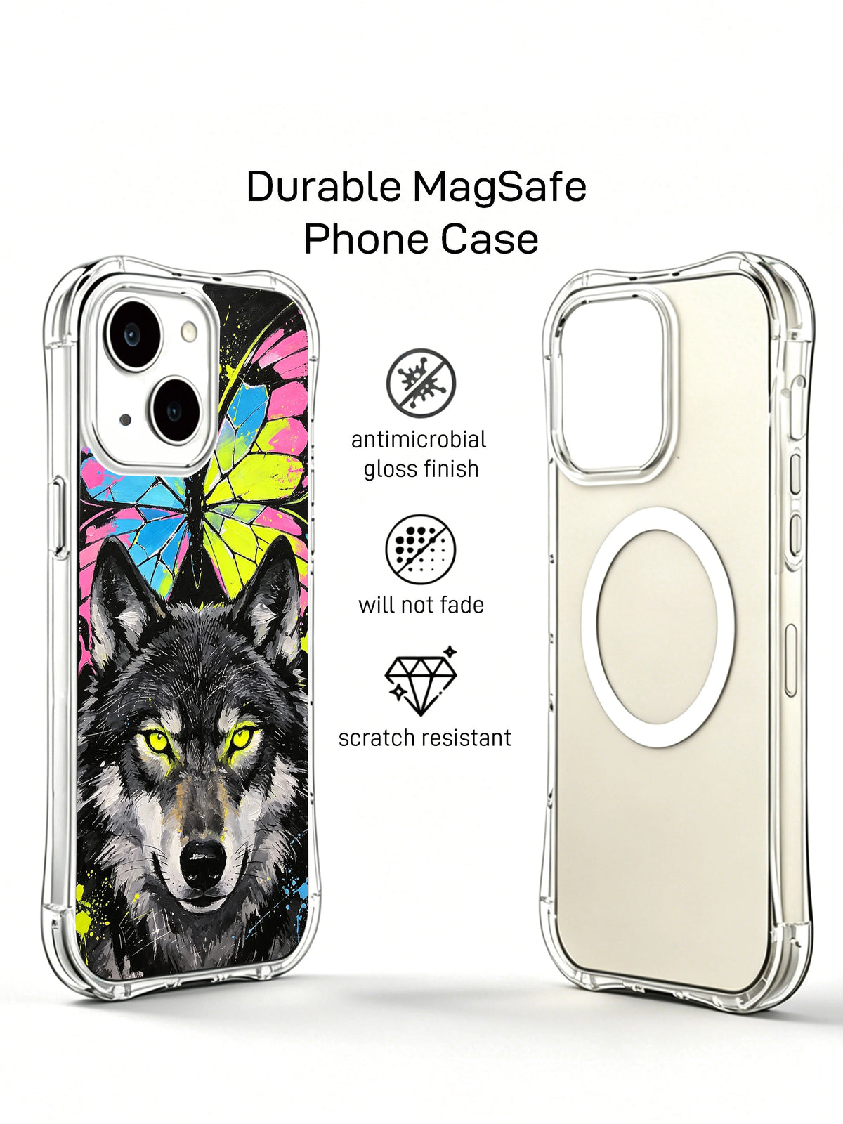 Front and clear back views of the butterfly wolf iPhone 15 Plus case