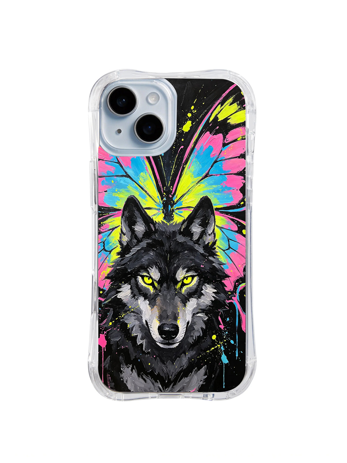 Butterfly Wolf Mirage iPhone 15 Plus case in Electric Metamorphosis artwork