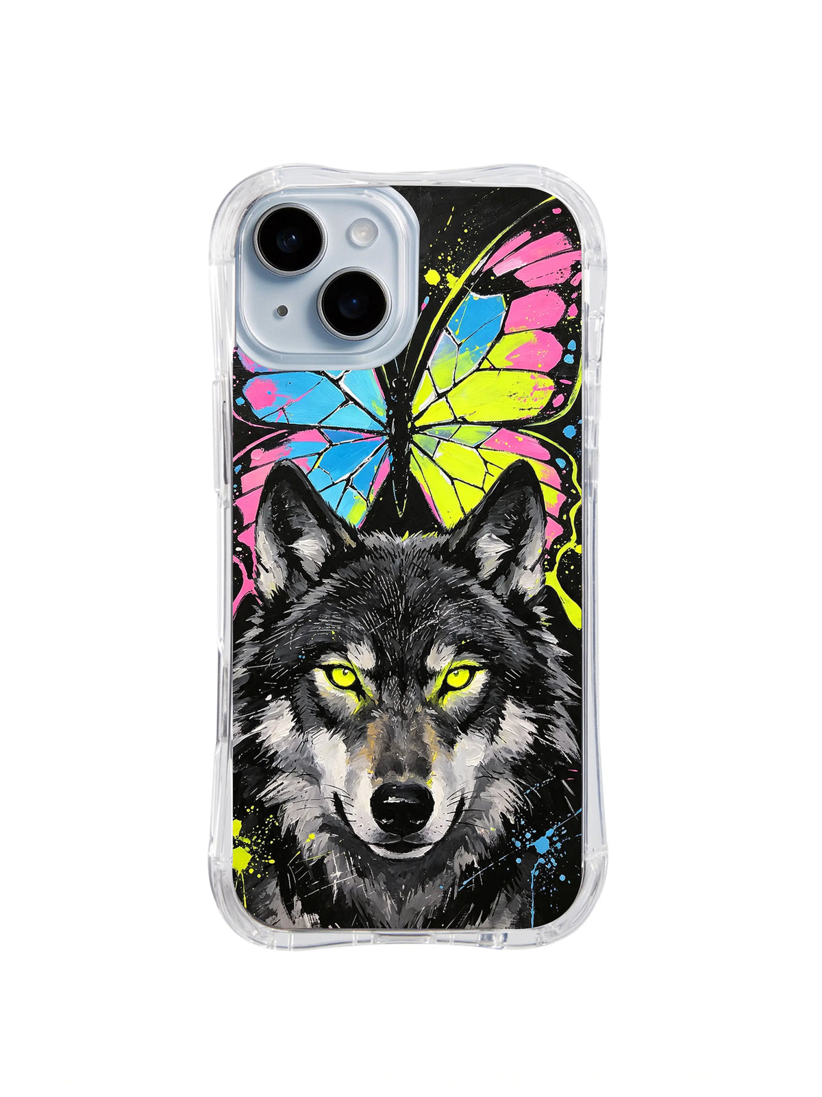 Butterfly Wolf Mirage iPhone 15 Plus case in Kaleidoscope Wolf artwork