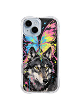 Butterfly Wolf Mirage iPhone 15 Plus case in Neon Wing Guardian artwork