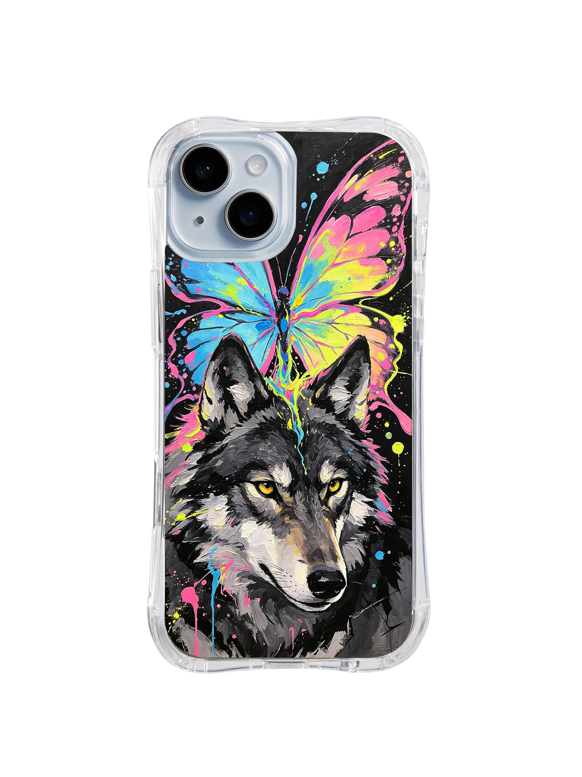 Butterfly Wolf Mirage iPhone 15 Plus case in Neon Wing Guardian artwork