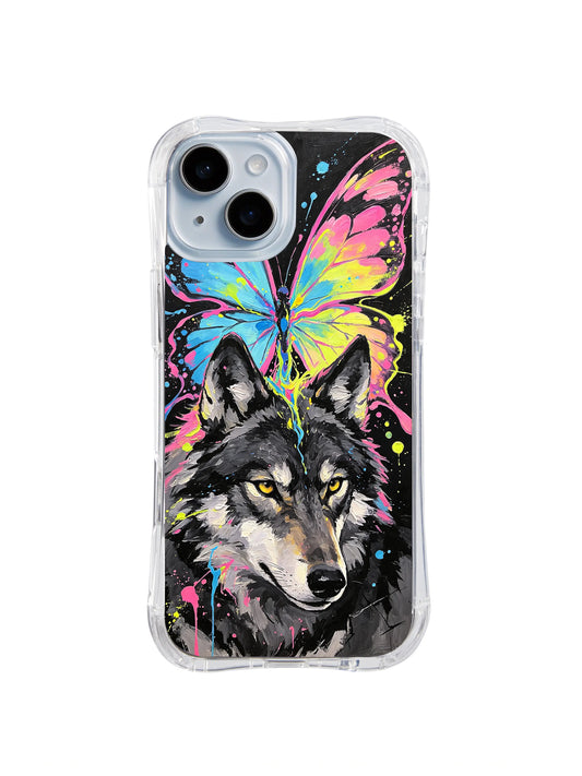 Butterfly Wolf Mirage iPhone 15 Plus case in Neon Wing Guardian artwork