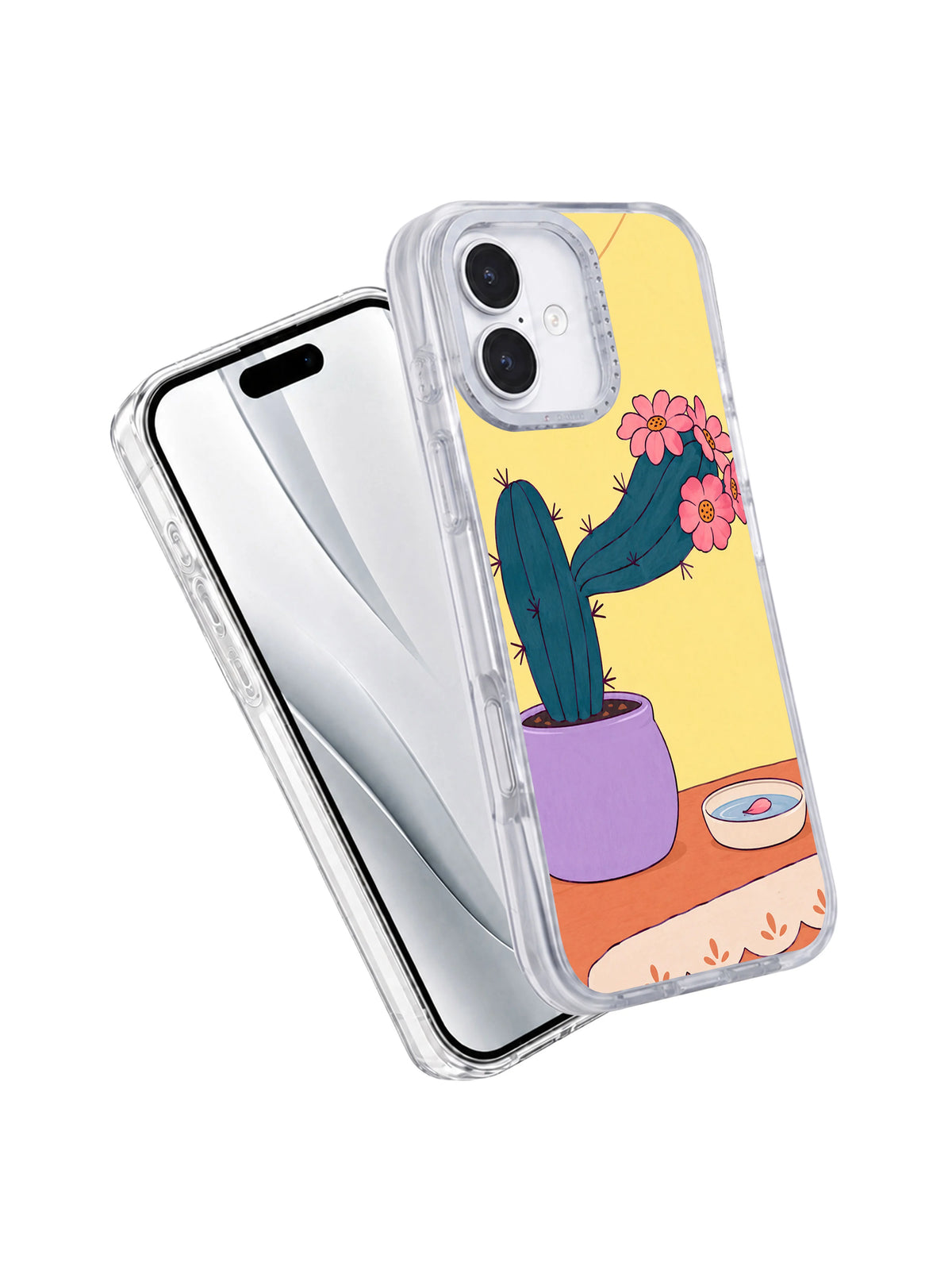 Angled front and back view of A Cactus Borrows a Collar transparent iPhone case