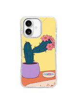 Front view of A Cactus Borrows a Collar artwork on a transparent iPhone 17 case