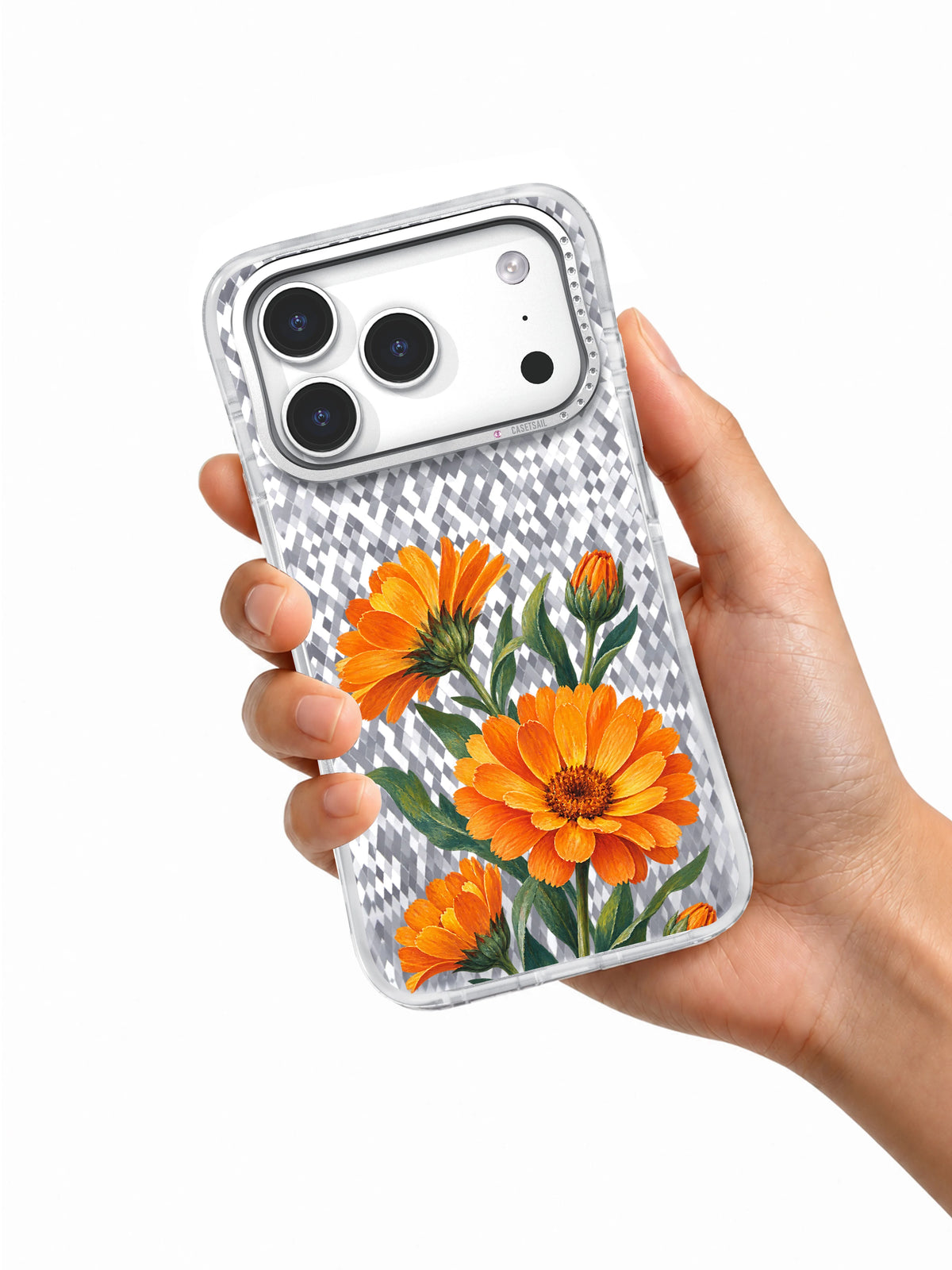 Calendula Constellation transparent iPhone case held in hand