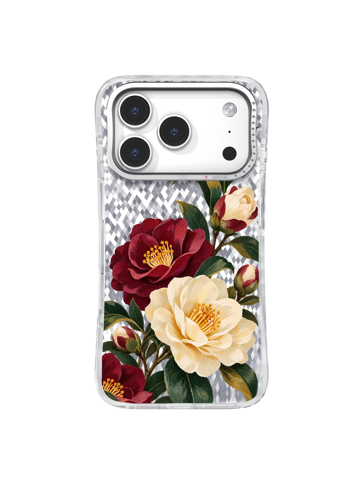 Burgundy Guard cream and burgundy camellia artwork for iPhone 17 Pro Case