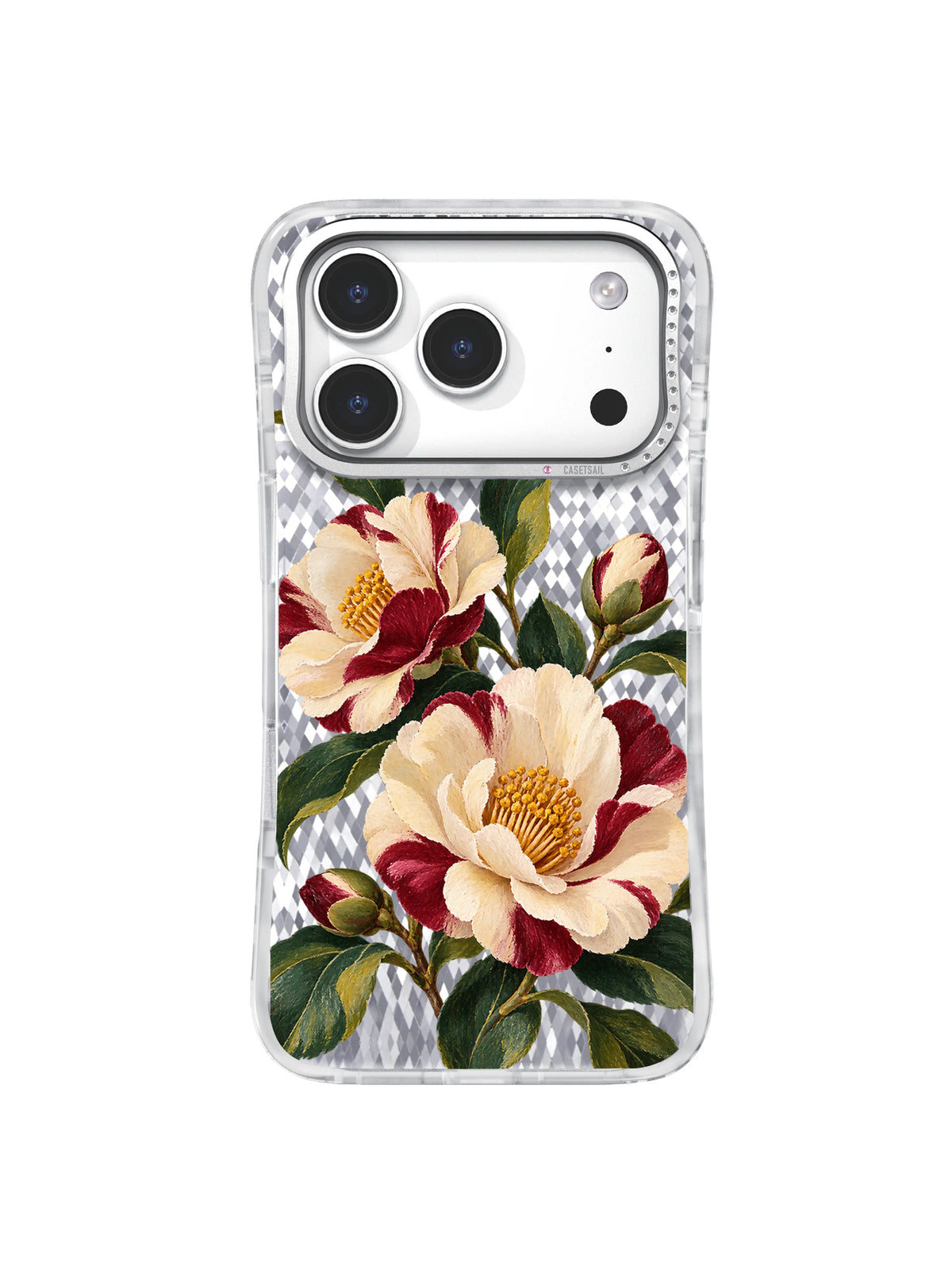Cream Circle camellia artwork with forest green leaves for iPhone 17 Pro Case
