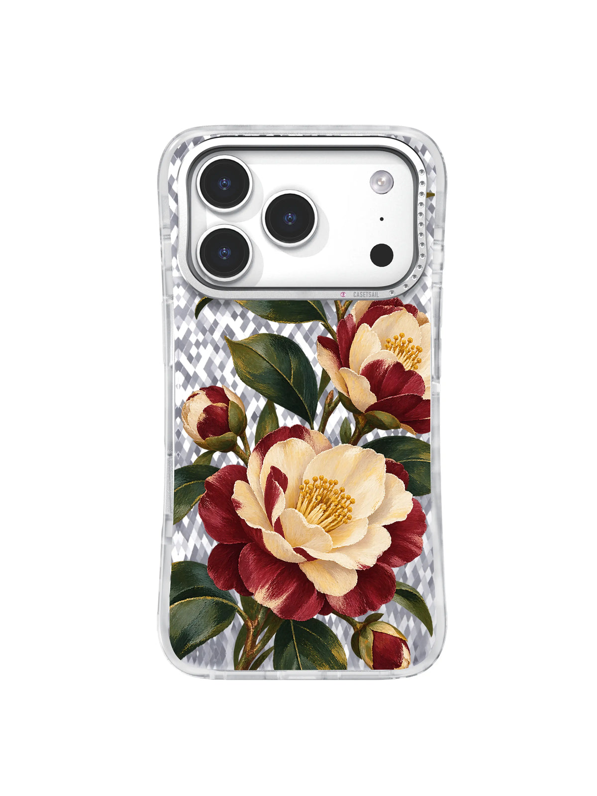 Shared Vigil cream and burgundy camellia artwork for iPhone 17 Pro Case