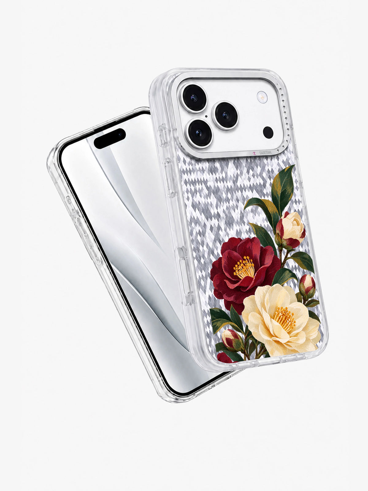 Camellias Keep Watch transparent iPhone 17 Pro case angle view