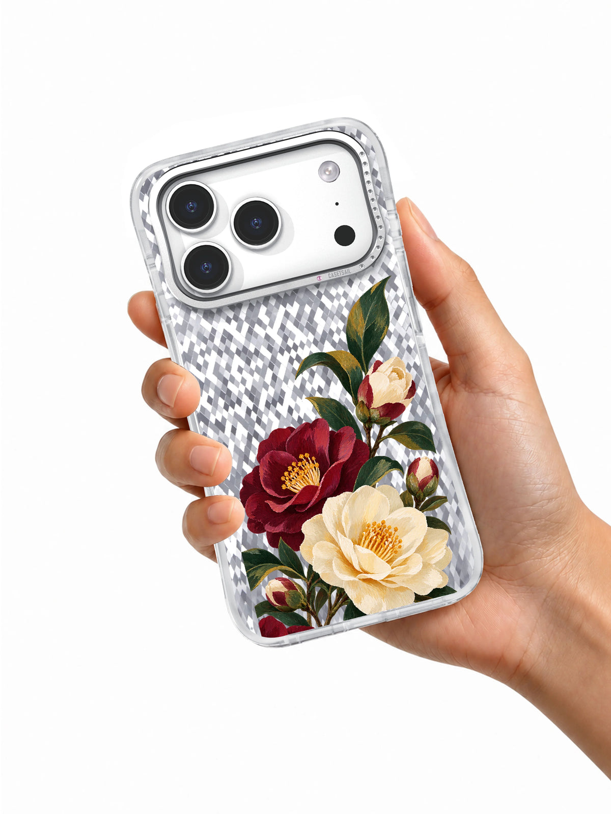Camellias Keep Watch transparent iPhone 17 Pro case held in hand