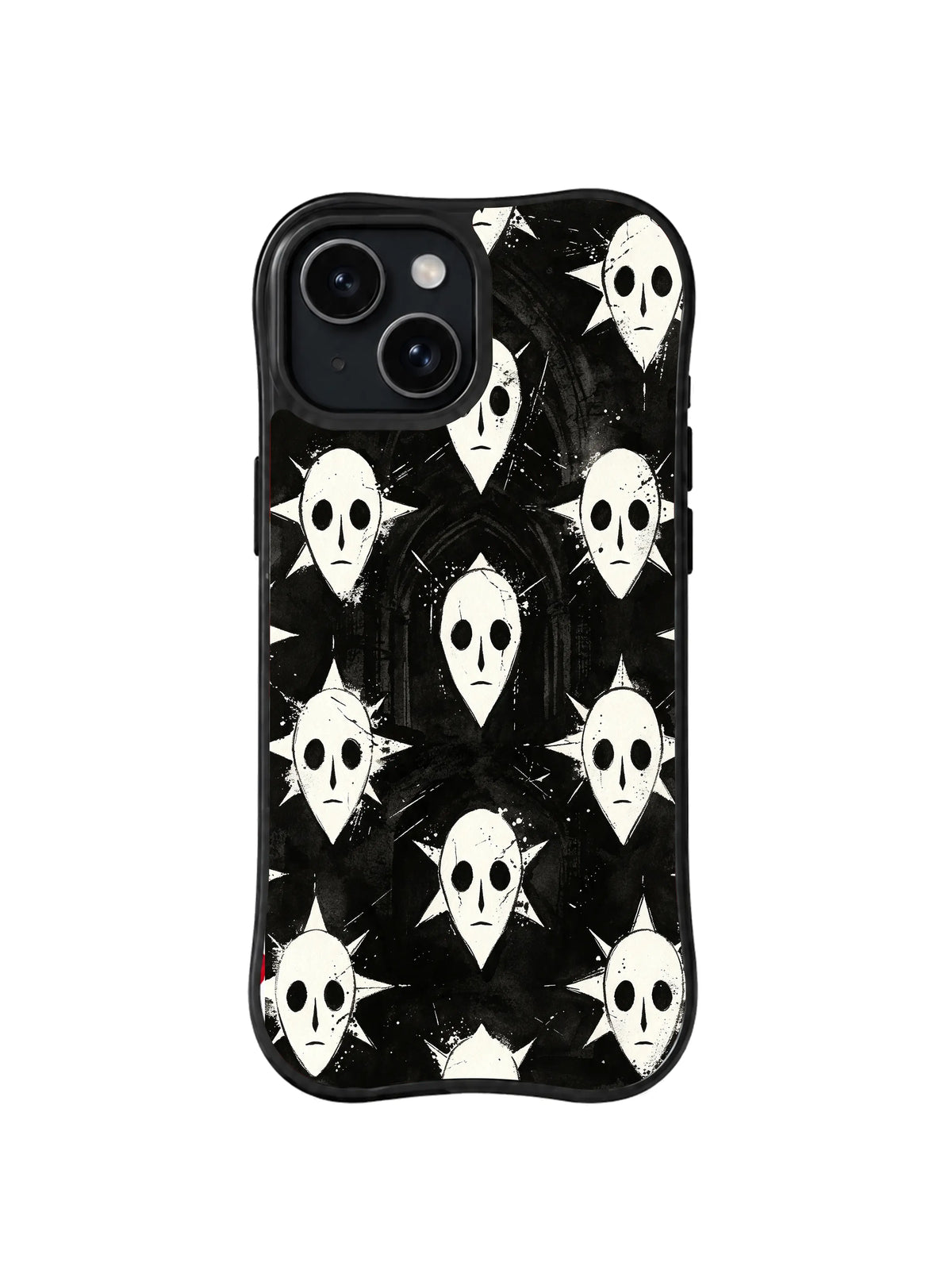 Broken Halo Vigil mask spirit artwork on black iPhone 15 Plus case