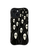 Silent Nave Congregation monochrome chapel ghost artwork on iPhone 15 Plus case