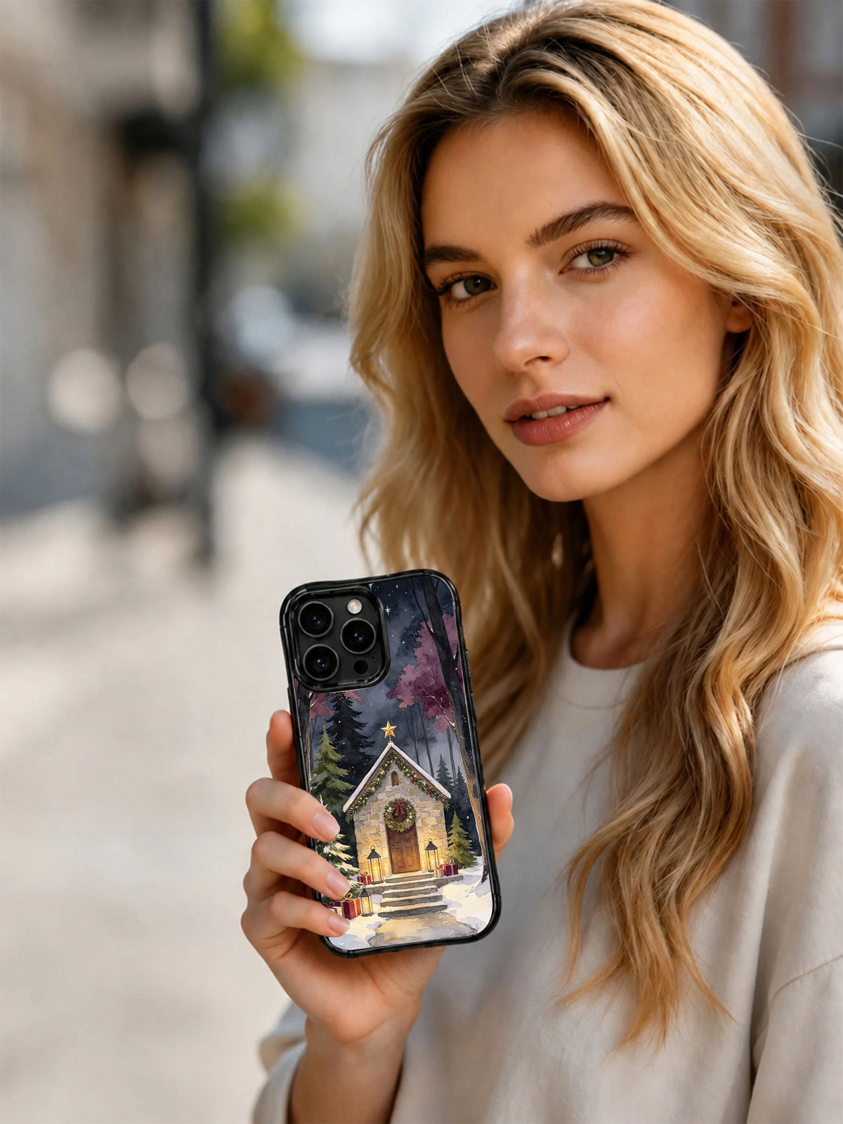 Lifestyle view of a Candlelit Forest Chapel iPhone 16 Pro case