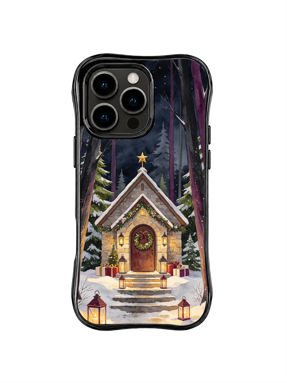 Old gold forest chapel with wreath and gifts on a black iPhone 16 Pro case