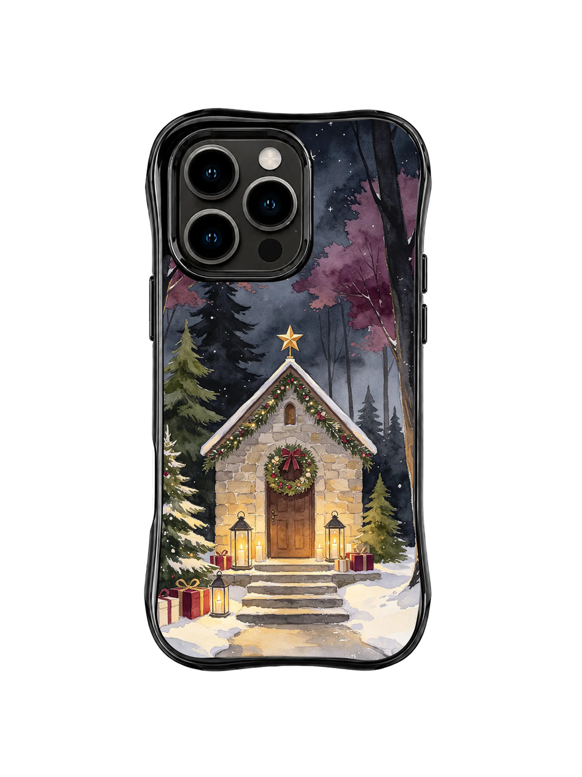 Quiet wreath chapel with lantern steps on a black iPhone 16 Pro case