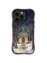 Star roof chapel with a snowy forest path on a black iPhone 16 Pro case