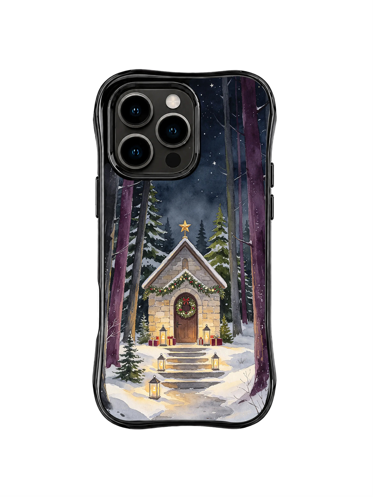 Star roof chapel with a snowy forest path on a black iPhone 16 Pro case