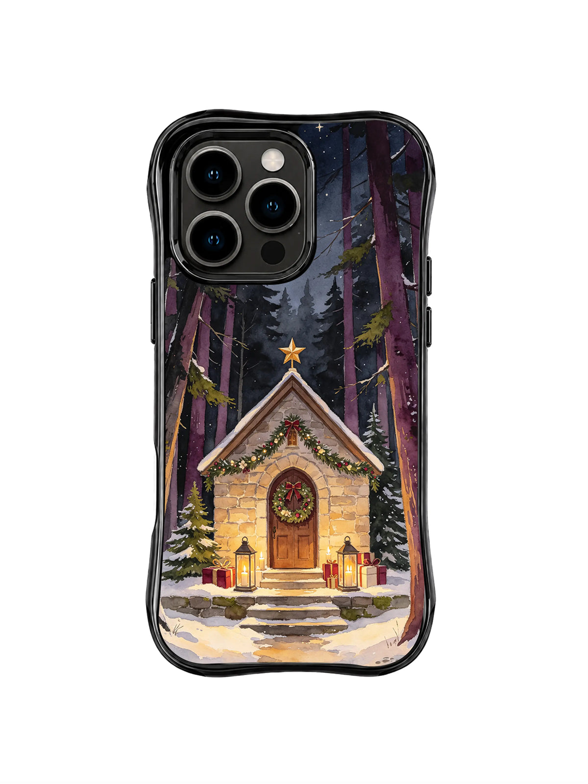 Wine-plum woodland chapel and enclosed lanterns on a black iPhone 16 Pro case