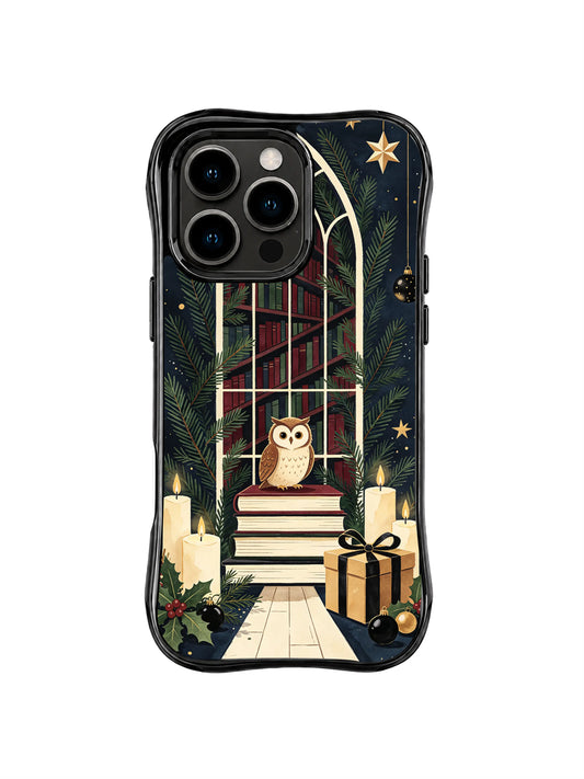 Candlelit owl library artwork on an iPhone 15 Pro case with midnight bookshelves, evergreen branches and gold stars
