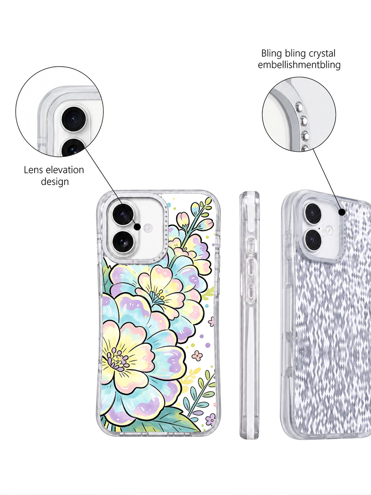 Rhinestone camera frame pastel floral iPhone 17 case detail