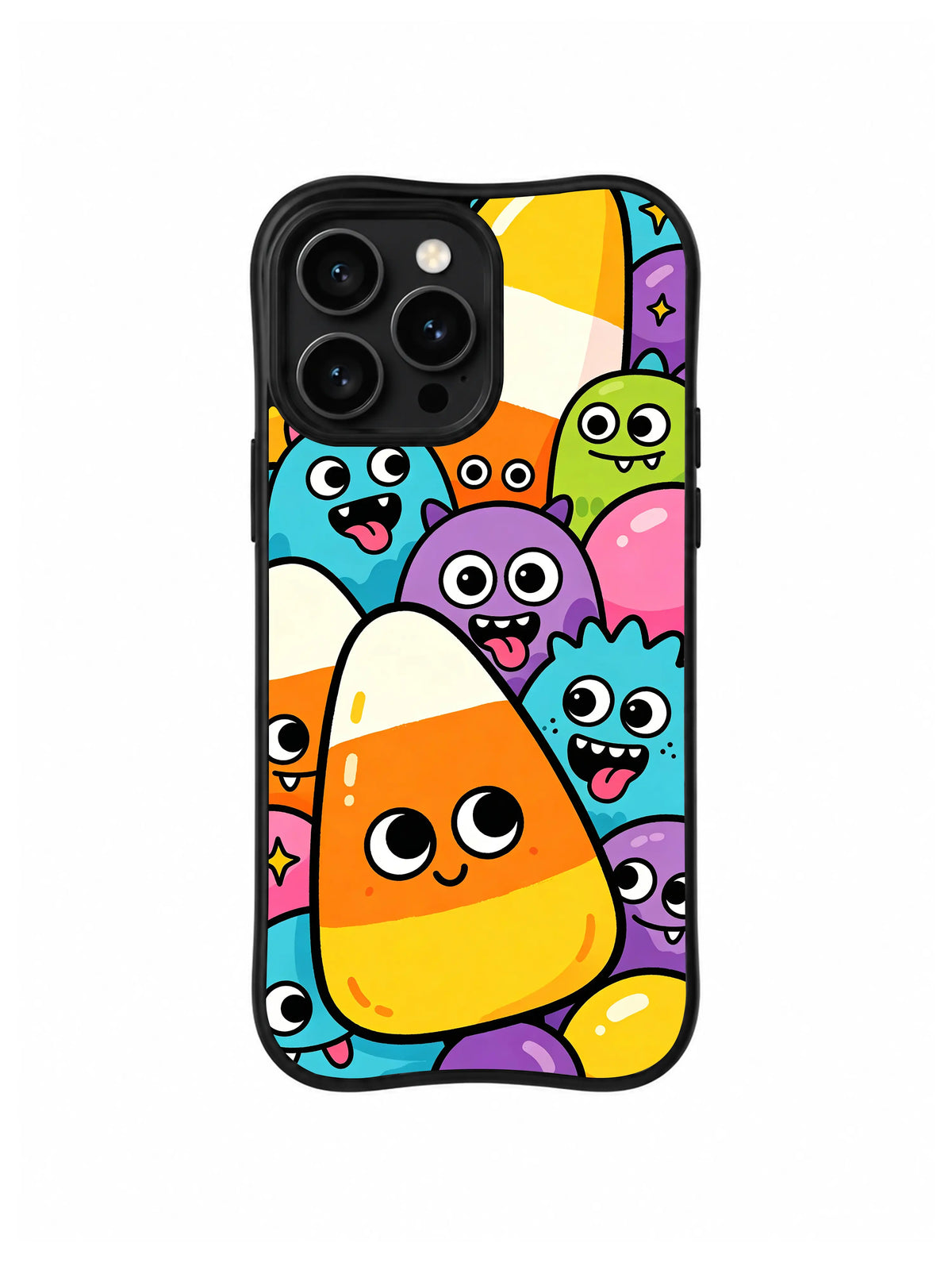 Candy Corn Monster Mash: A large candy corn sits among blue, purple, green and orange monsters.