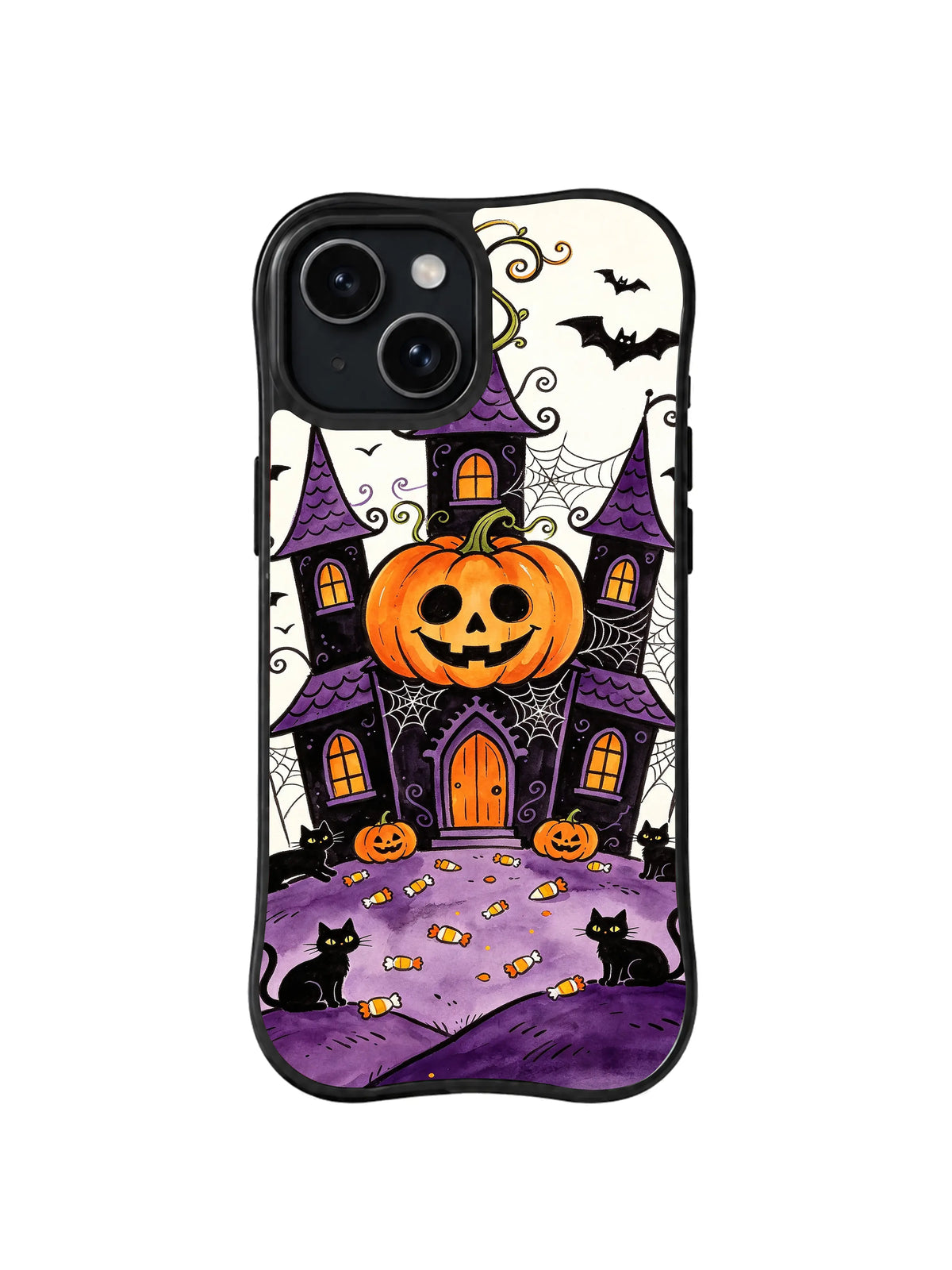 Candy Court Pumpkin Hall: A smiling orange pumpkin sits over a purple hall with cats, bats and candy.