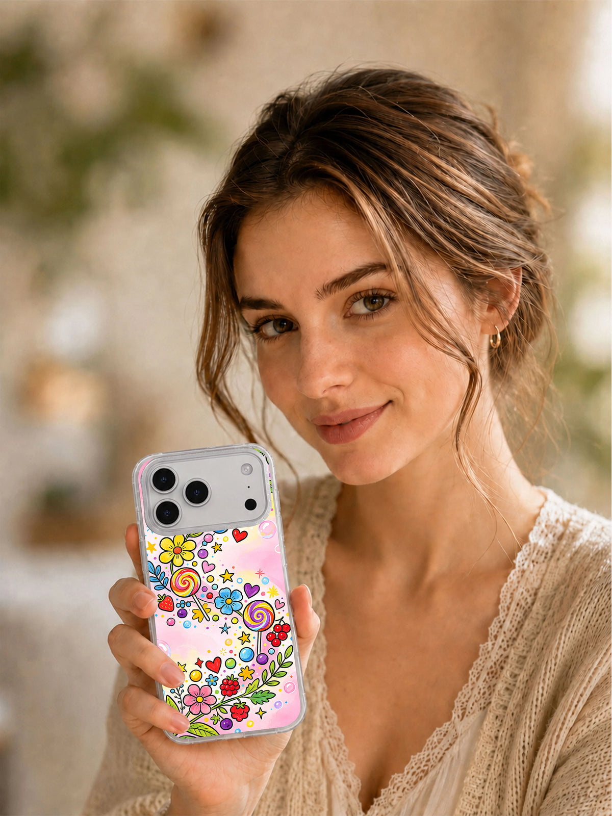 Candy Flower Wonderland art phone case held in hand