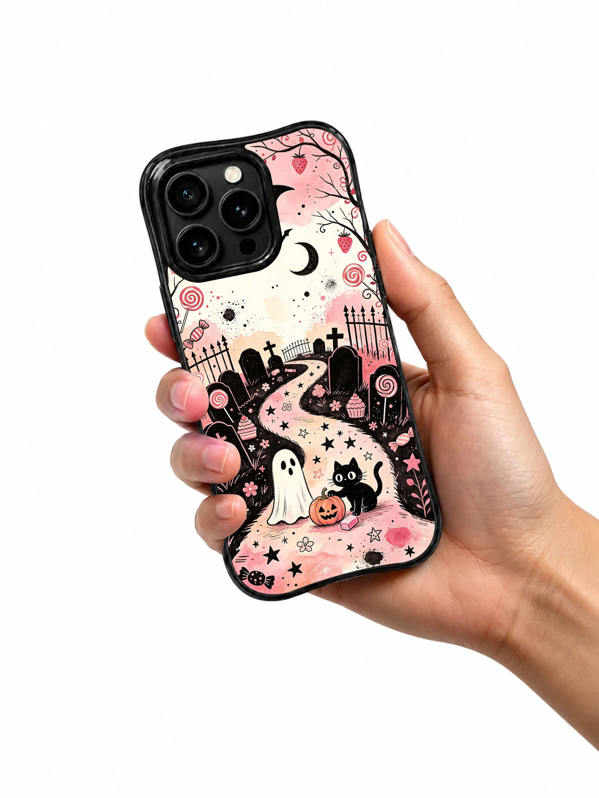 Pink gothic ghost phone case held in hand