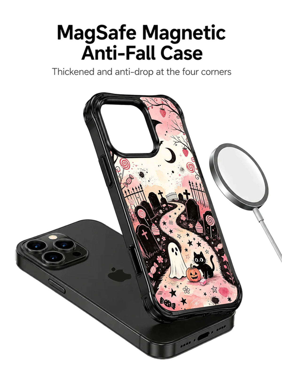 Pink gothic candy graveyard iPhone 13 Pro case angled view