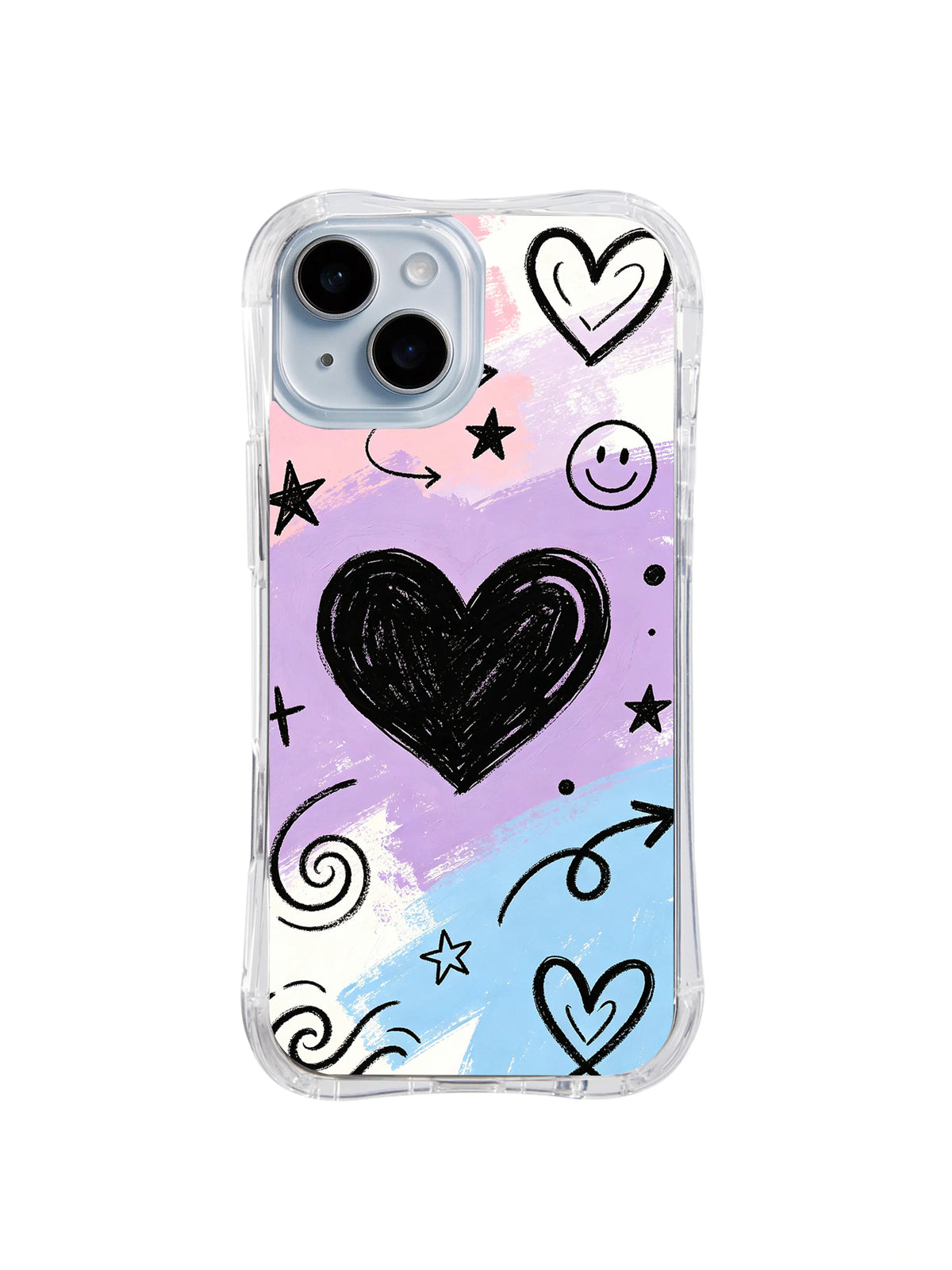 Black Heart Free Spirit: A large scribbled black heart is surrounded by small hearts, stars and arrows on pastel bands.