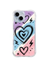 Electric Love Pulse: Layered black, blue and pink hearts sit among lightning bolts on a pastel field.