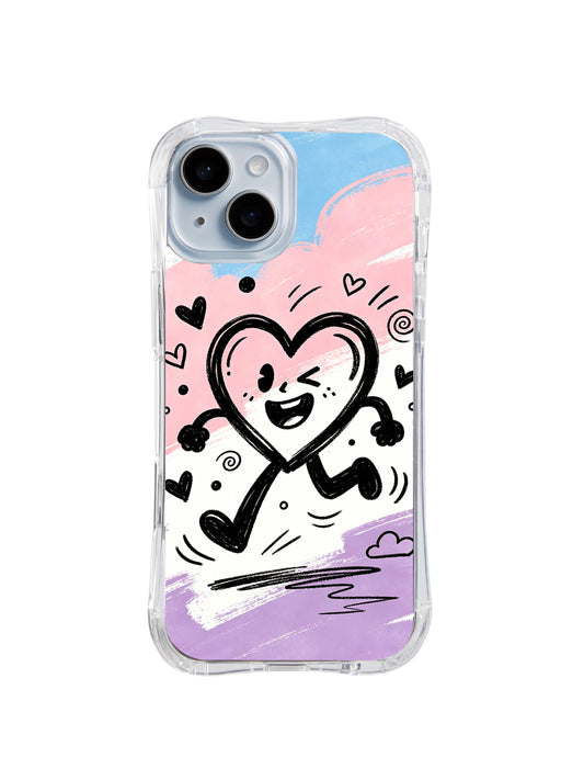 Running Heart Joy: A smiling black-outlined heart runs across pink, blue and lavender brush strokes.