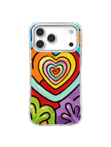 Heart Maze Dream: Nested rainbow hearts rise above green and purple painted shapes.