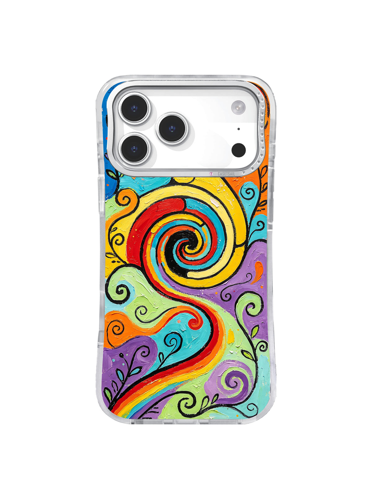 Whimsy Spiral Trail: A rainbow spiral feeds into a winding turquoise path with small curls.