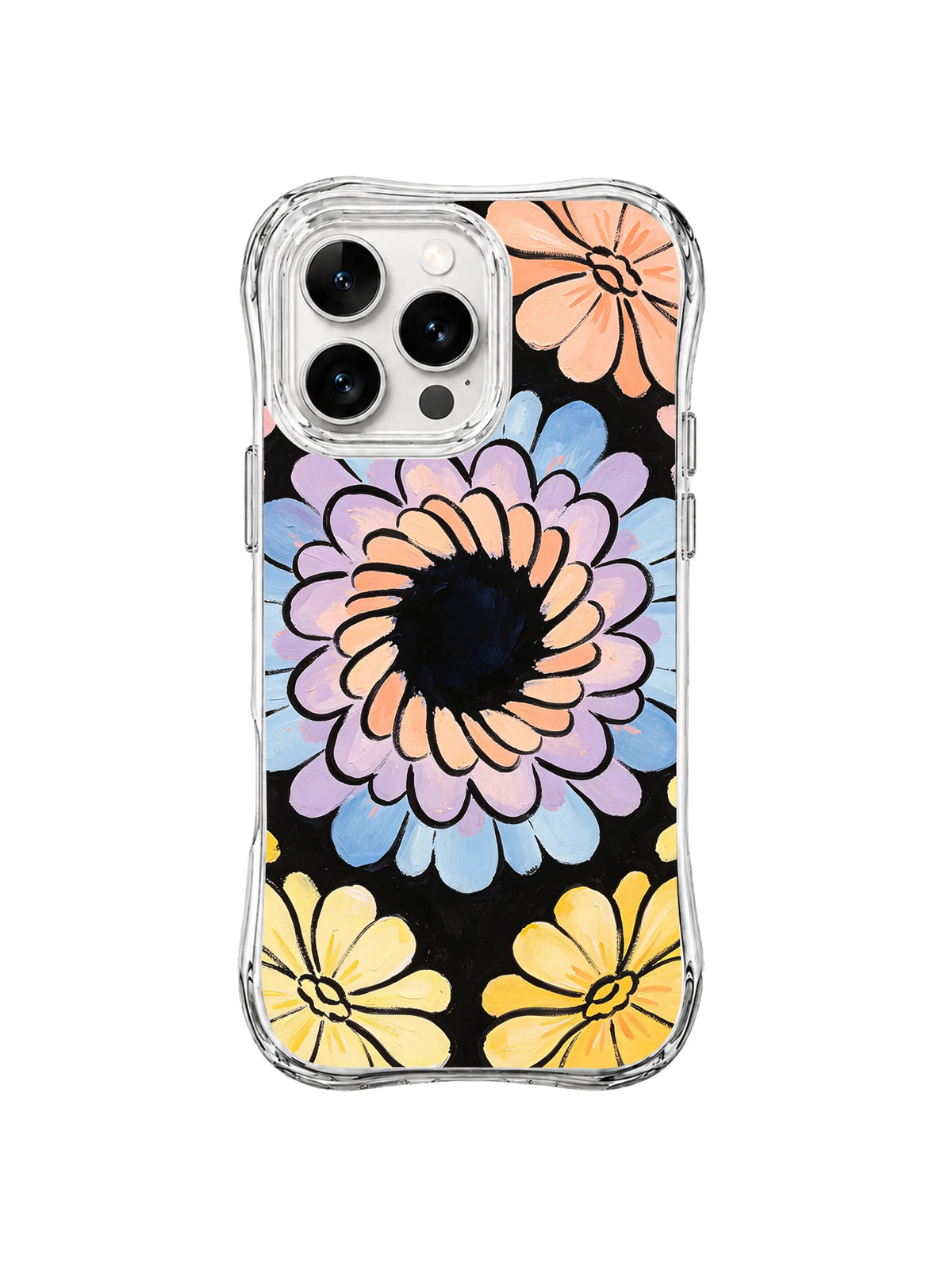Echo Flower Medallion: Katmanlı şeftali, lavanta ve mavi çiçek madalyonu siyah zemindeki sarı çiçeklerin üzerinde durur.