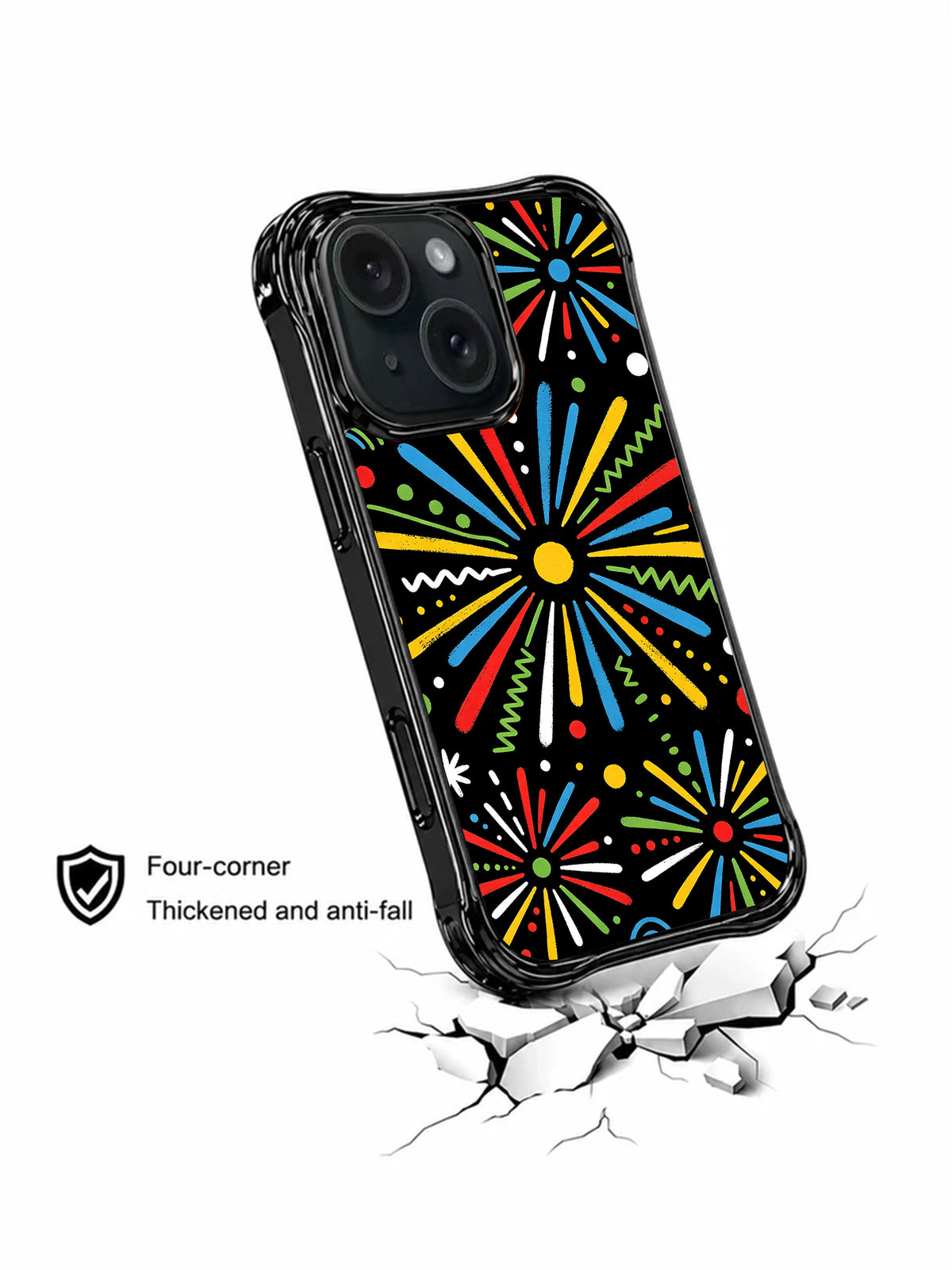 Bright geometric doodle iPhone 15 Pro case lifestyle image