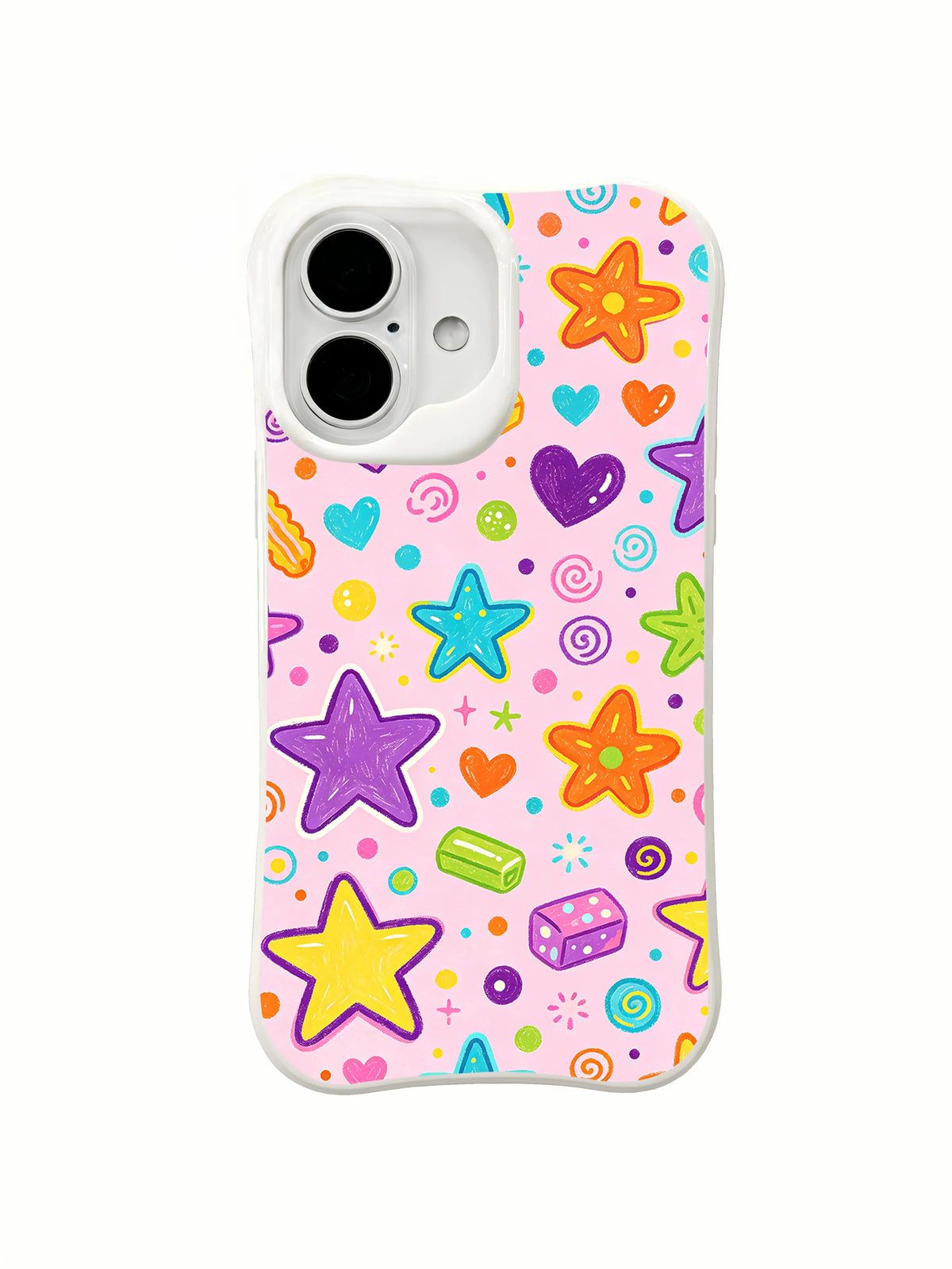 Candy Star Garden: Bright outlined stars scatter with candy pieces, hearts and playful dots.