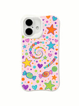 Lollipop Star Spiral: A candy spiral curves among large stars, lollipops, hearts and rainbow dots.