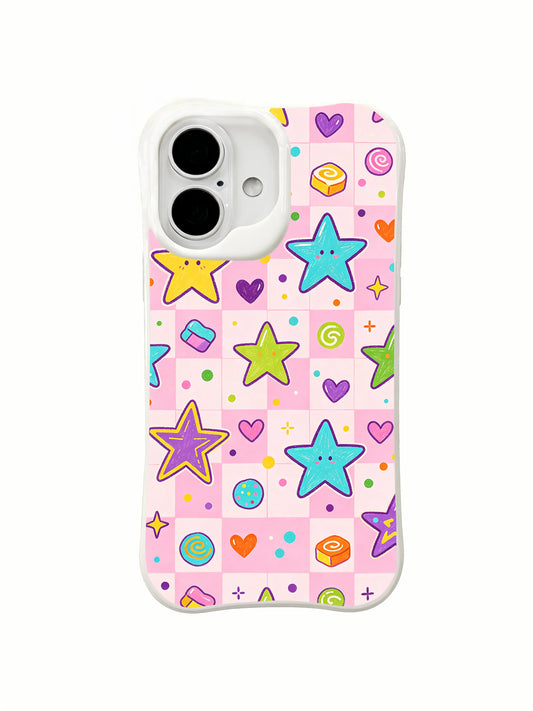 Pastel Star Sprinkle: Large pastel stars repeat with hearts, sweets and tiny colorful symbols on pink.