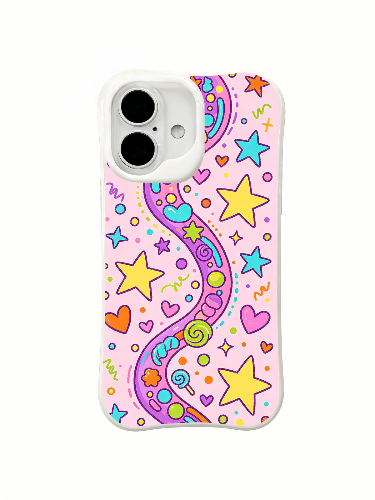 Rainbow Candy Ribbon: Large stars mix with a flowing rainbow candy ribbon, hearts and sweets.