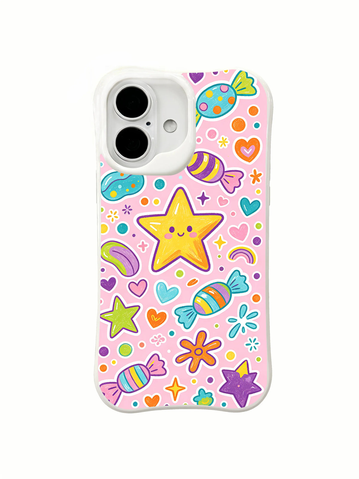Sweet Star Wishes: A central yellow star repeats with wrapped candy, hearts, rainbows and flowers.